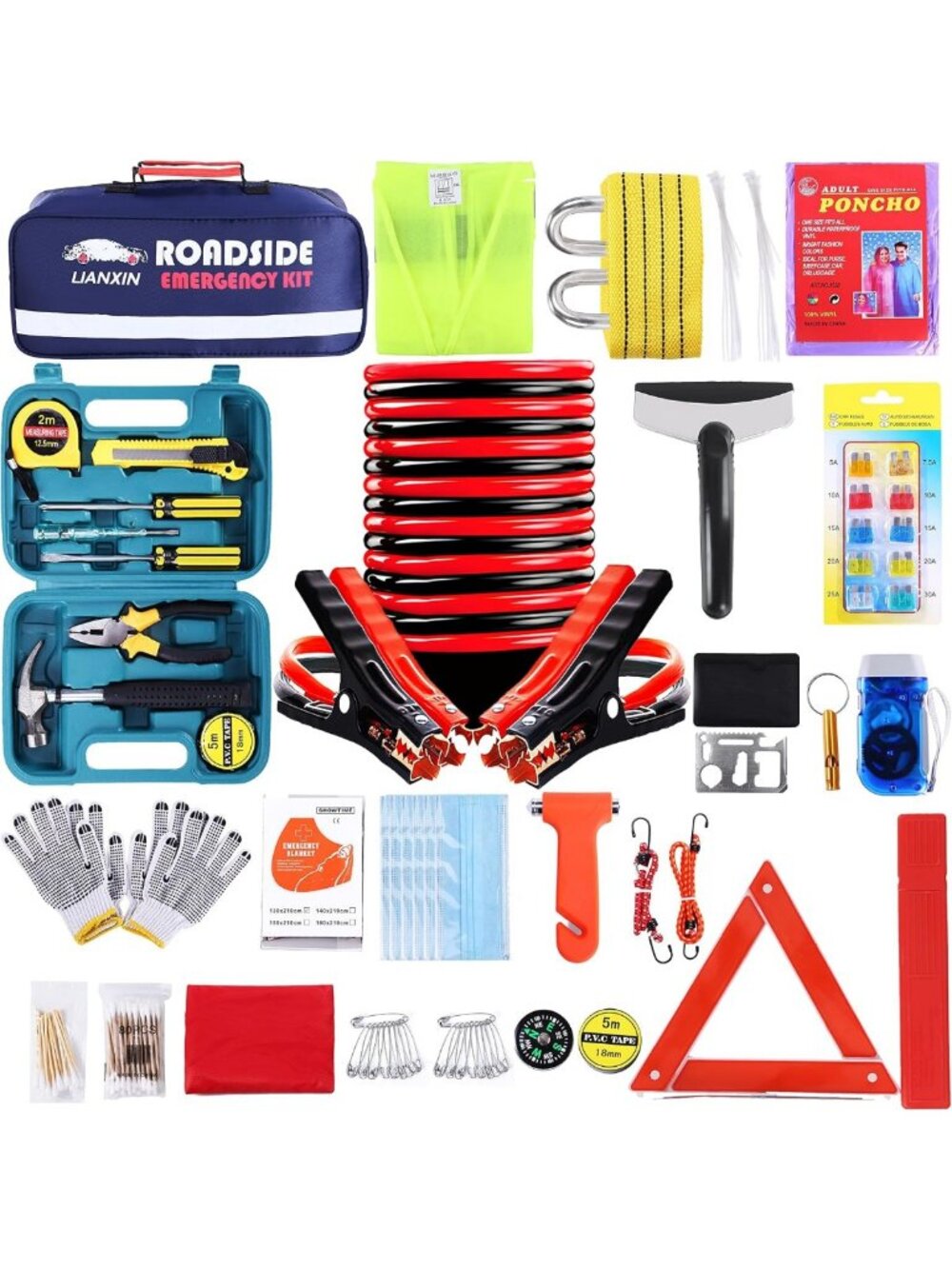 142 PCS Emergency Roadside Safety Kit for Car - Jumper Cables & Essential Tools